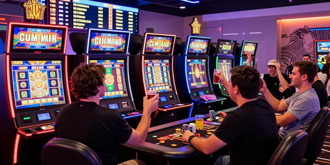 Group of players enjoying vibrant online slot games at a gaming terminal.