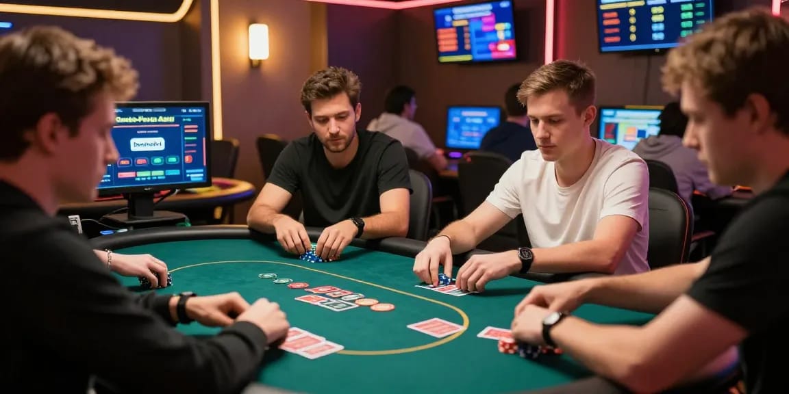 Players enjoying Game Poker Uang Asli Dominobet at an engaging online table with a vibrant casino atmosphere.