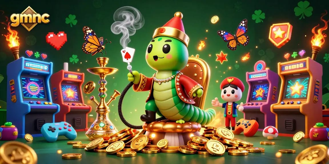 Engage with gmnc's vibrant casino experience, where a caterpillar master leads with playful poker magic.
