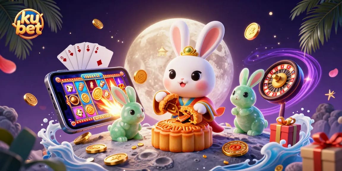 Join the excitement at ku bet with 3D cartoon rabbits amidst poker chips and dynamic gaming elements.