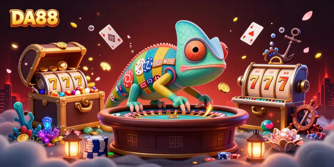 Play exciting casino games as DA88's chameleon owner grabs golden coins and poker chips.