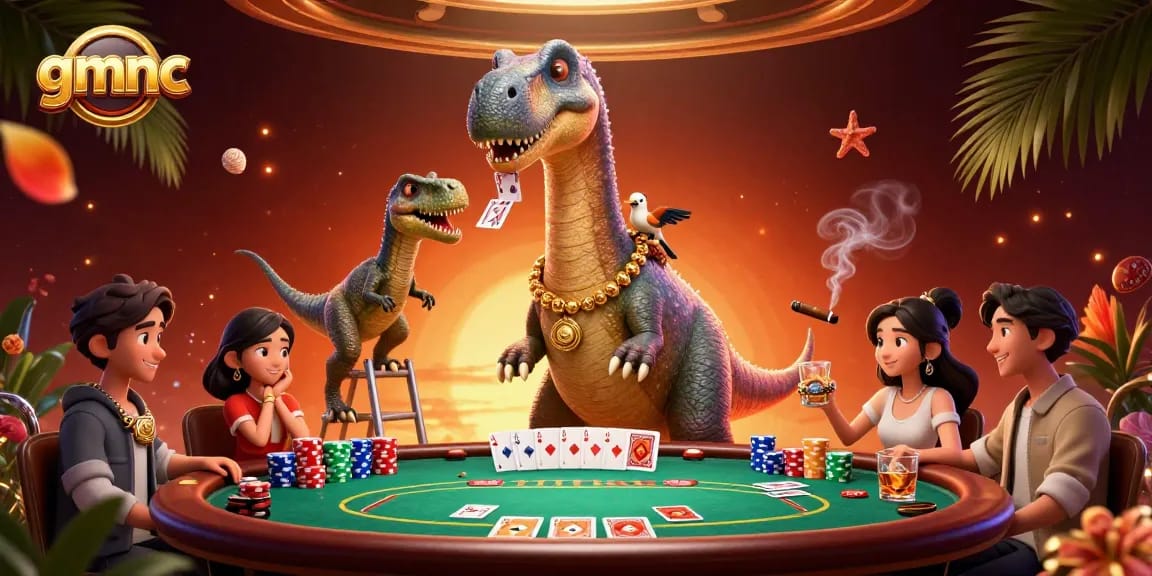 Experience gaming excitement with gmnc featuring a towering brontosaurus at a dynamic poker scene.