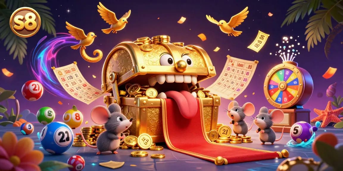 Spin and win at S8, with vibrant lottery elements and a playful treasure chest engaging gamers.