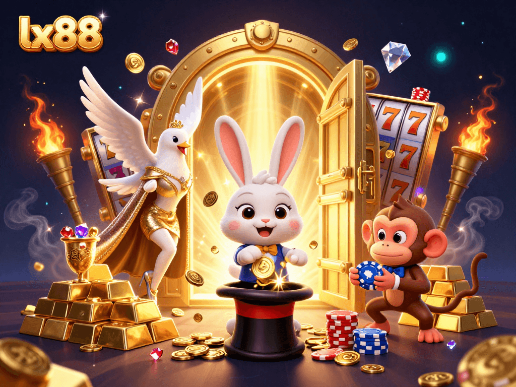 Experience magic with lx88 as the magician rabbit conjures coins amid vibrant casino elements.
