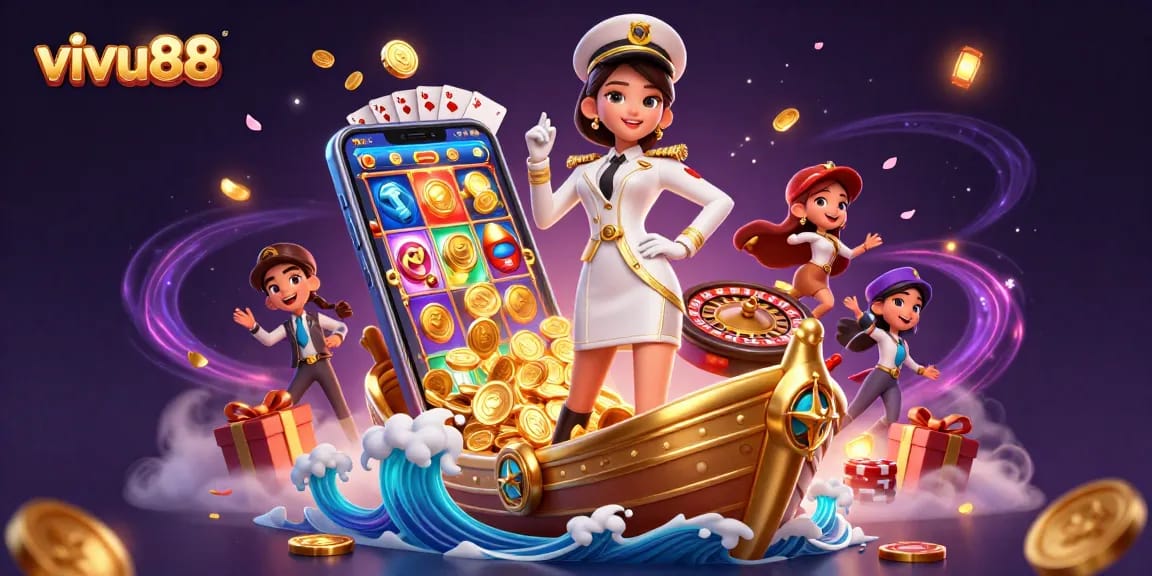 Experience the excitement of vivu88 with a vibrant 3D casino illustration showcasing gaming elements.