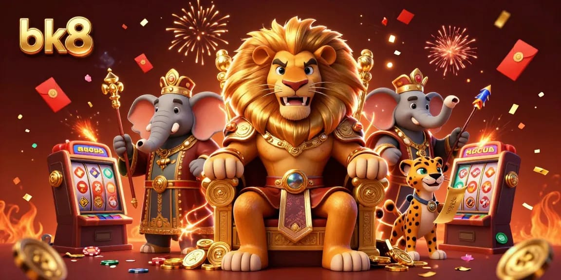 Experience the thrill of bk8's dynamic casino world with a lion king, elephant advisor, and cheetah messenger.