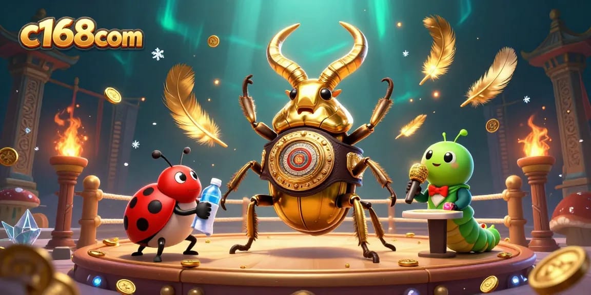 Engage with thrilling bets at c168com showcasing a vibrant, action-packed casino scene with a golden stag beetle champion.