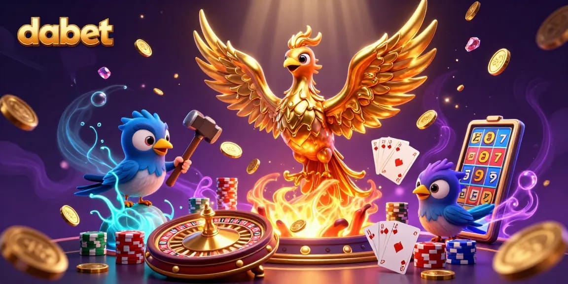 dabet casino image featuring a molten metal phoenix and various gaming elements like coins, cards, and a roulette wheel