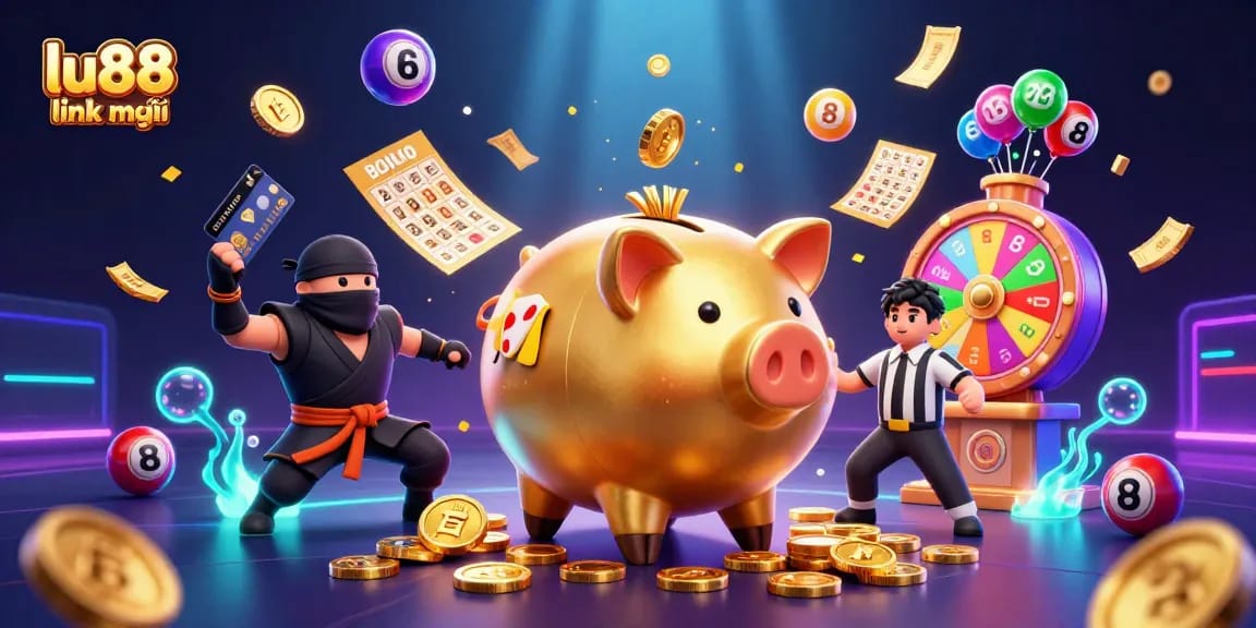 Play the lu88 link mới with excitement and colorful lottery elements in this dynamic casino scene.