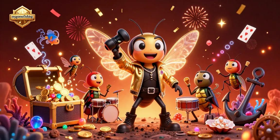 Experience the thrill of mygamefishing with a vibrant 3D scene featuring a cicada rock star and treasure.