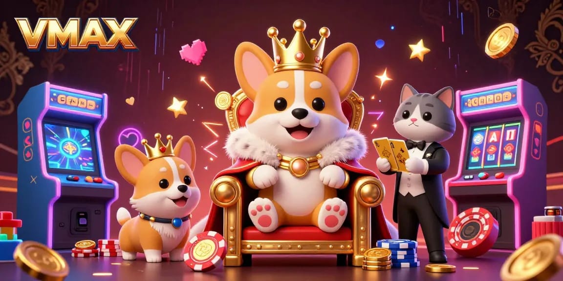 VMAX showcases a royal corgi on a throne surrounded by vibrant casino elements, promising a thrilling gaming experience.