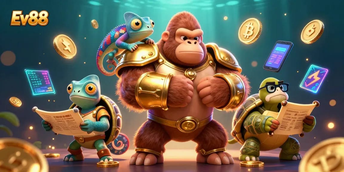 Experience thrilling gambling fun at Ev88 with a vibrant 3D casino scene showcasing excitement and adventure.