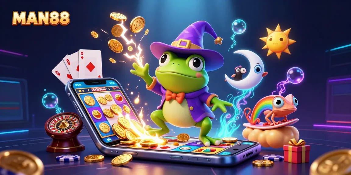 Experience the thrill of gaming at MAN88 with vibrant characters and golden coin chaos in a dazzling casino world.