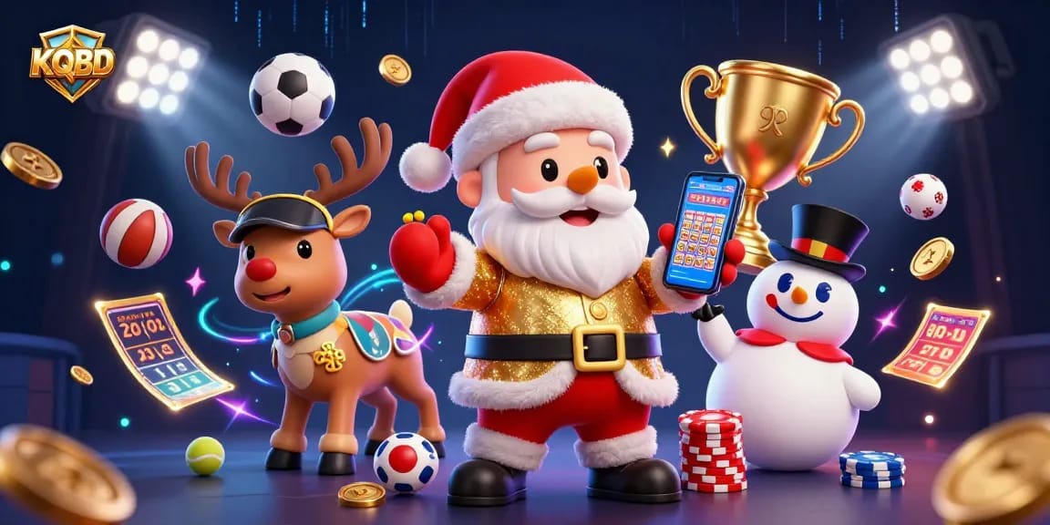 KQBD sports betting scene with Santa Claus and friends celebrating a jackpot win.