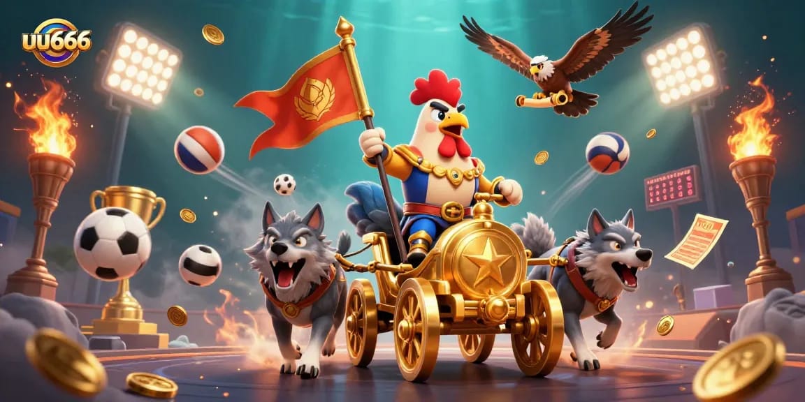 Engage with uu666, where a rooster warlord triumphantly leads a betting adventure, showcasing sports excitement.