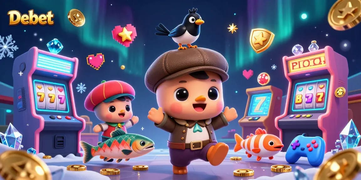 Engage with Debet in a lively casino setting filled with animated characters and vibrant gaming elements.