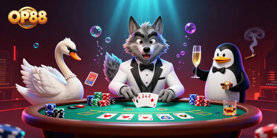 Experience the thrill of OP88 with 3D characters at a dynamic baccarat table amidst vibrant casino elements.