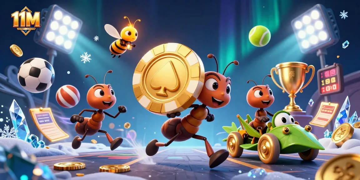 Bettors win big on the 11M gambling journey, featuring playful ants and golden rewards.