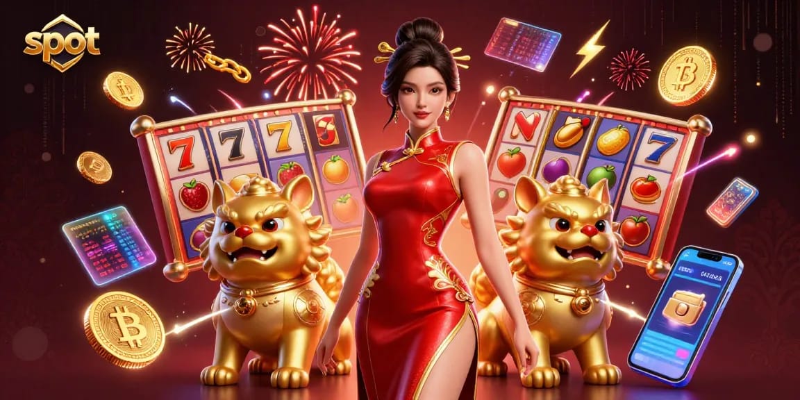 Spin the reels on a vibrant slot scene with a glamorous woman and playful guardians.