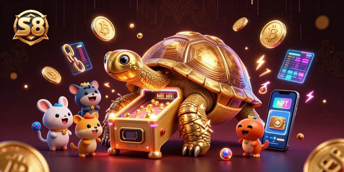S8 showcases dynamic cartoon golden tortoise pinball with neon crypto coins, engaging players in this vibrant scene.