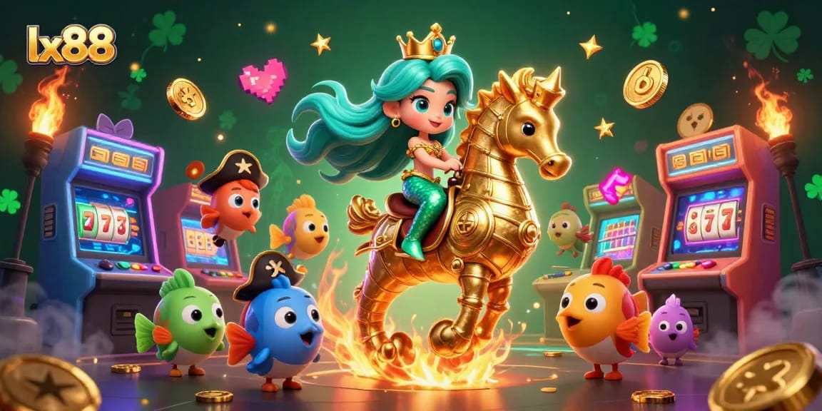 Experience winning moments with lx88 in a vibrant 3D casino scene filled with slot reels and colorful characters.