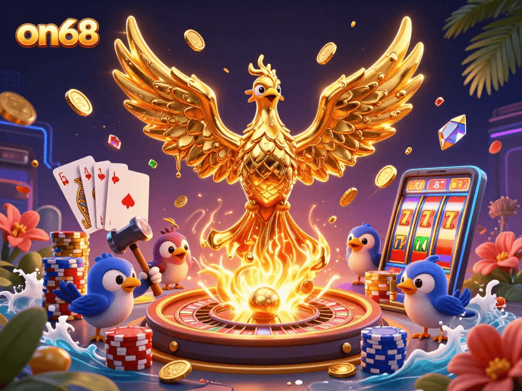 Experience dynamic gaming at on68 with a golden phoenix and vibrant casino elements.