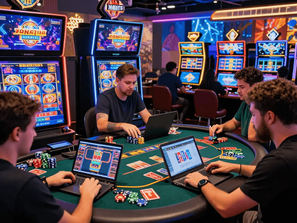 KOMBET168 online gaming excitement with players engaged in vibrant virtual casino.