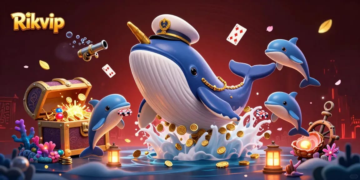 Engage with Rikvip as a captivating online gaming scene featuring a whale, narwhal, and dolphins.