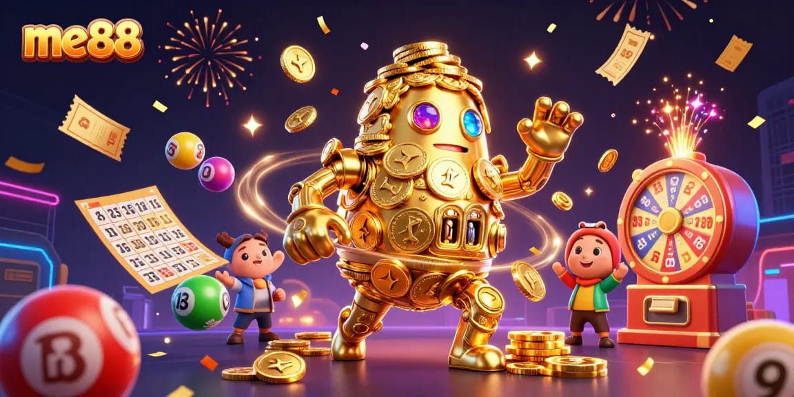 Experience thrilling gambling with me88 as a golden golem and lottery elements come alive in a vibrant casino scene.