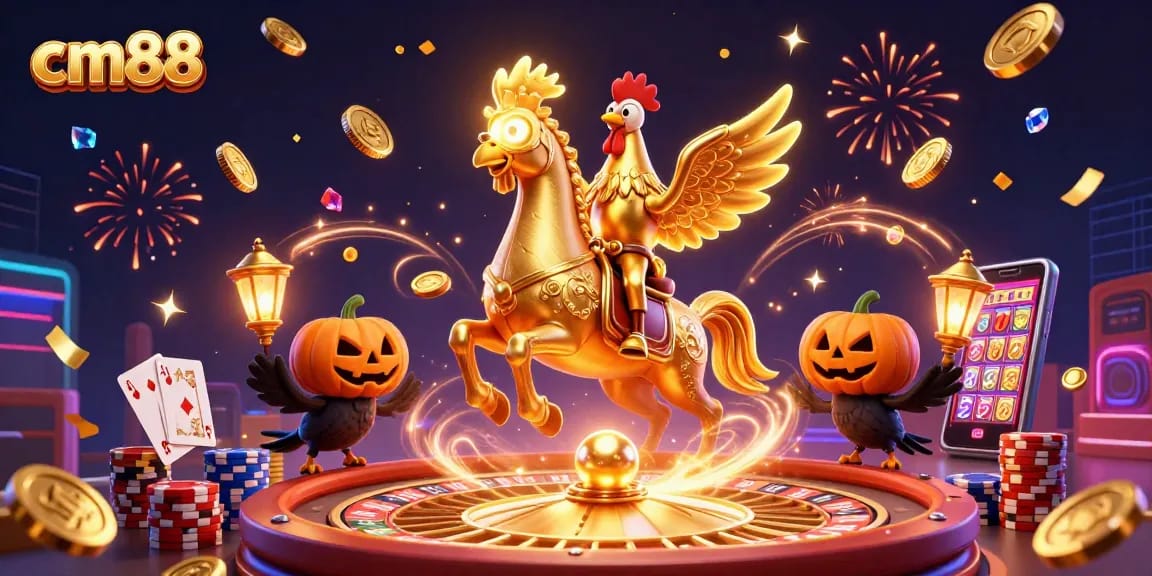 Experience the excitement of cm88 with a golden rooster and vibrant casino elements.