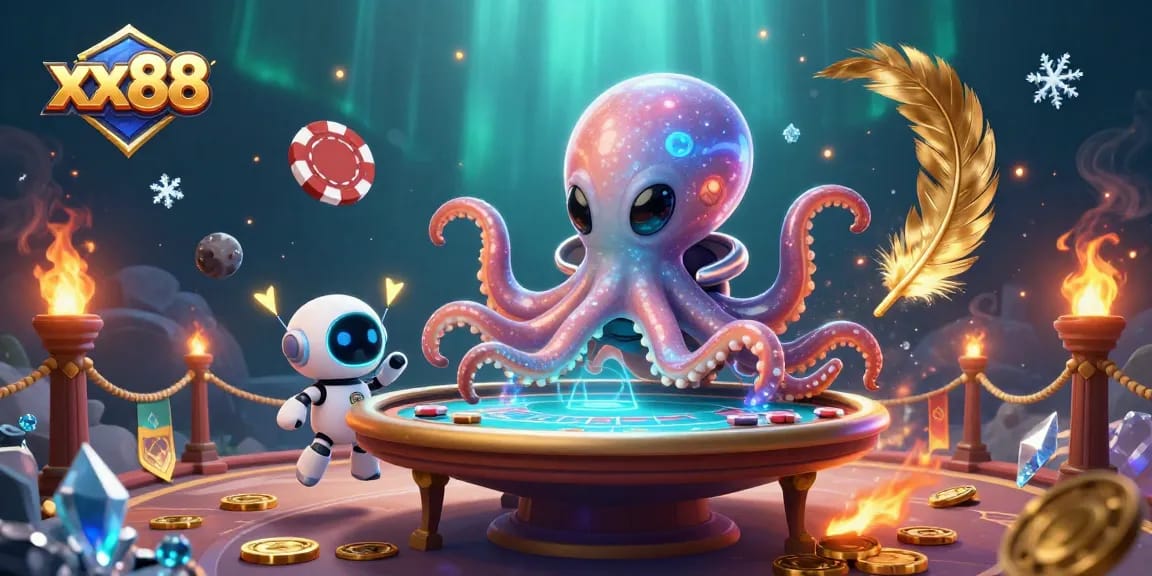 Engage with the vibrant world of xx88 through a dynamic poker scene featuring an alien octopus and its robot companion.