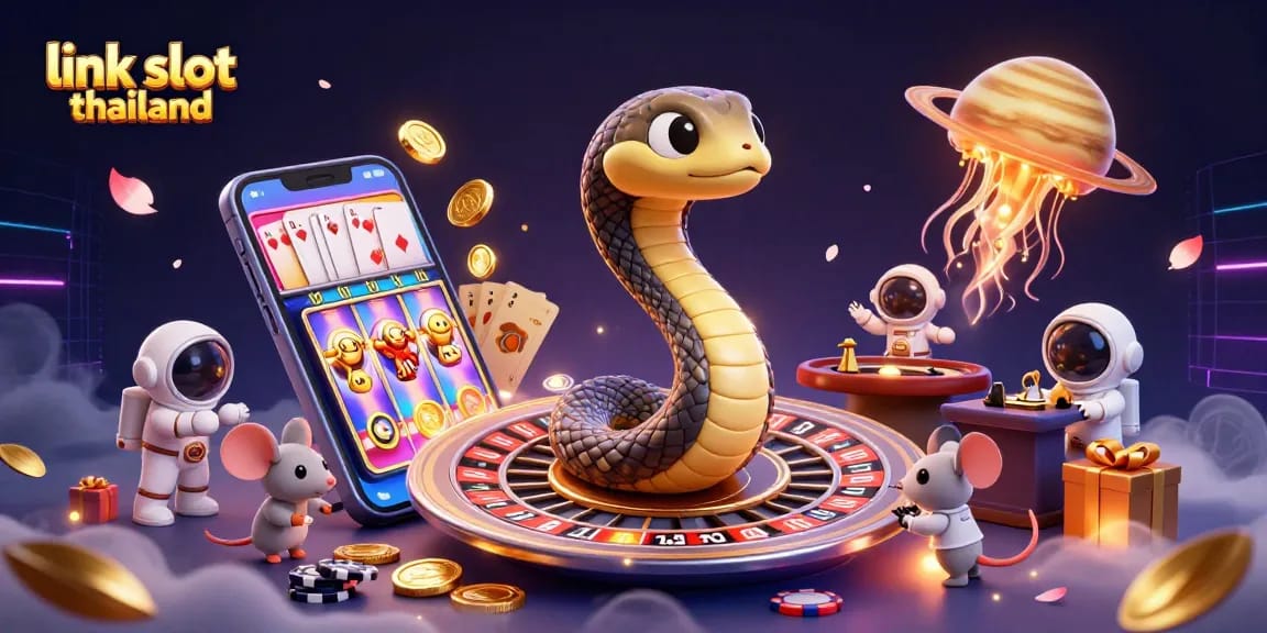 Experience the thrill of link slot thailand with vibrant cosmic casino elements in this dynamic 3D illustration.