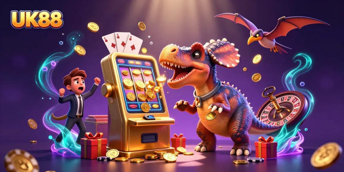 UK88 dinosaur headbutts slot machine, casino chaos with golden coins exploding
