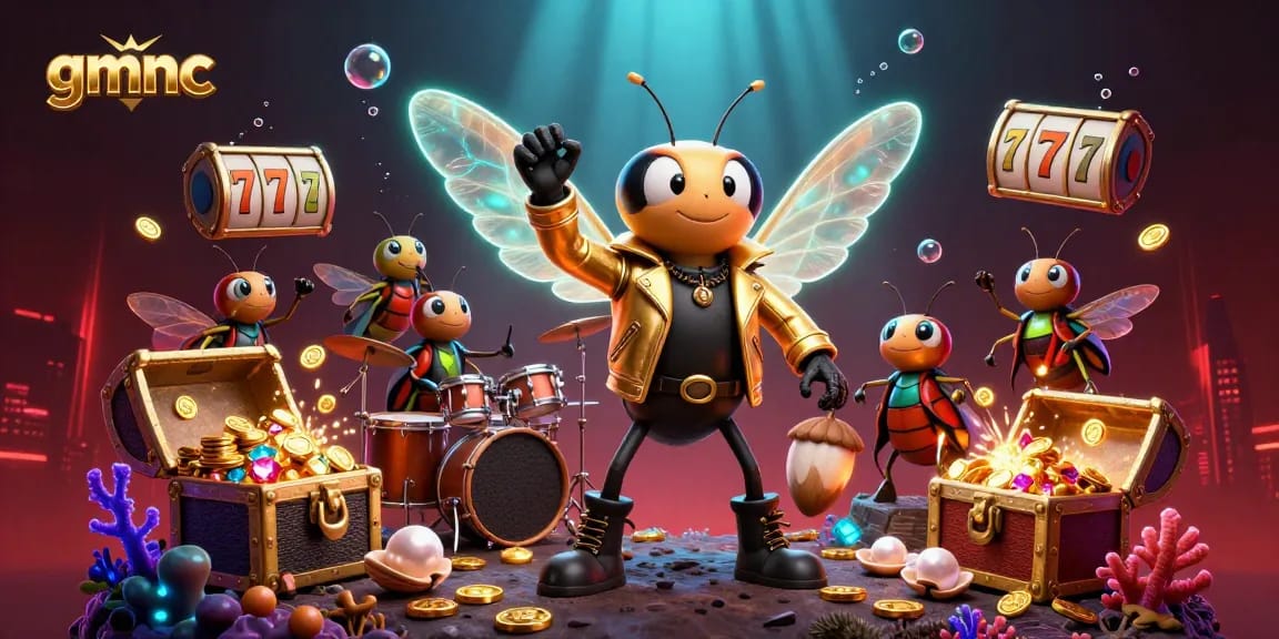Engage with exciting gmnc analysis as a cicada rock star and band perform in a vibrant casino scene.