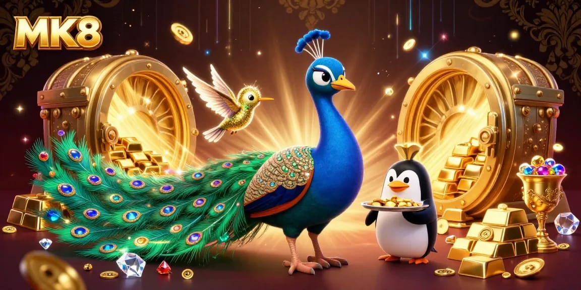 Experience stunning wins with MK8's vibrant casino scene featuring a peacock, penguin, and hummingbird.