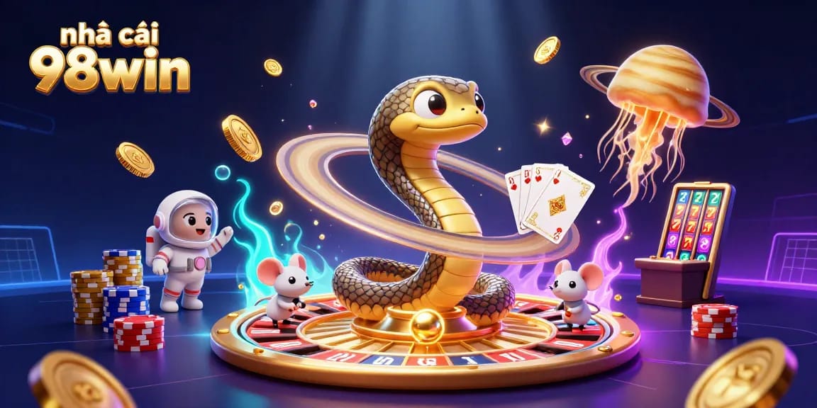 Experience vibrant 3D illustration of nhà cái 98win with cosmic characters and exciting betting action