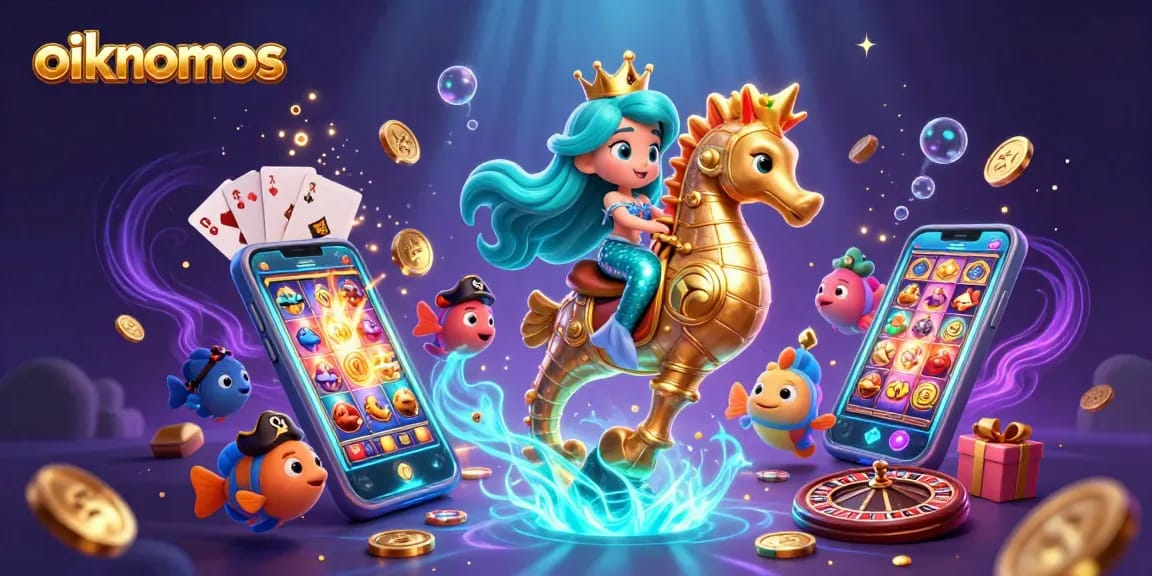 Engage with oikonomos in this vibrant 3D casino illustration showcasing a mermaid and seahorse among slot games and gold coins.