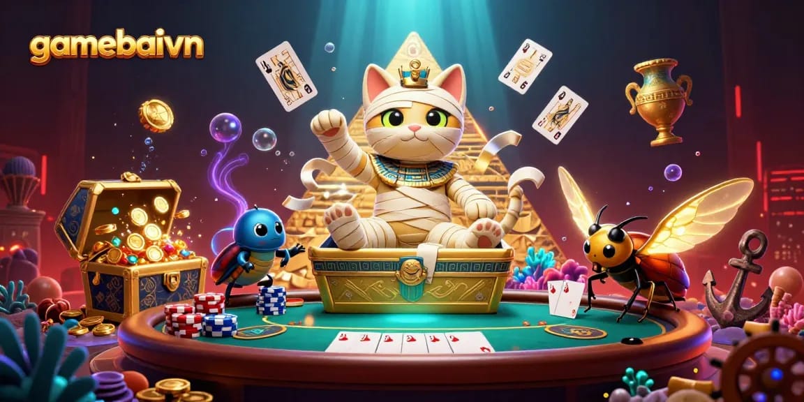 Engage in poker excellence with gamebaivn as the Egyptian mummy cat and scarab beetle lead the way.