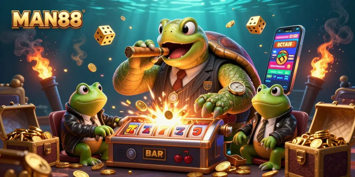 Engage with MAN88's intriguing casino world showcasing a massive turtle in a mobster suit and vibrant slot theme.