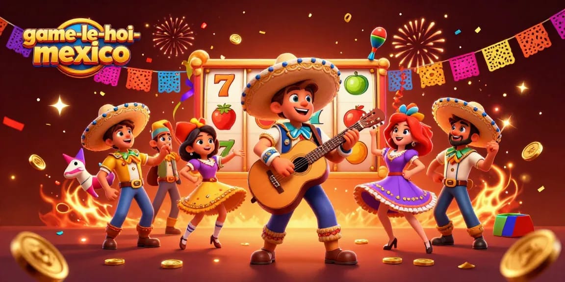 Experience game-le-hoi-mexico with a vibrant festival scene filled with slot reels and lively characters.