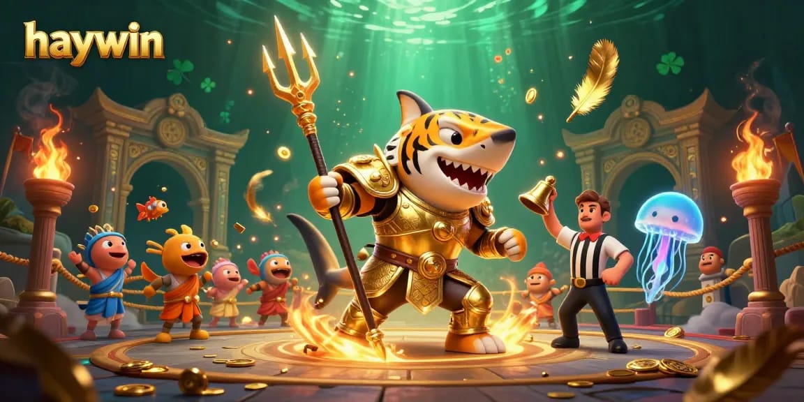 Engage in thrilling games at Haywin with exciting scenarios showcasing a tiger shark and jellyfish referee amidst dynamic casino elements.