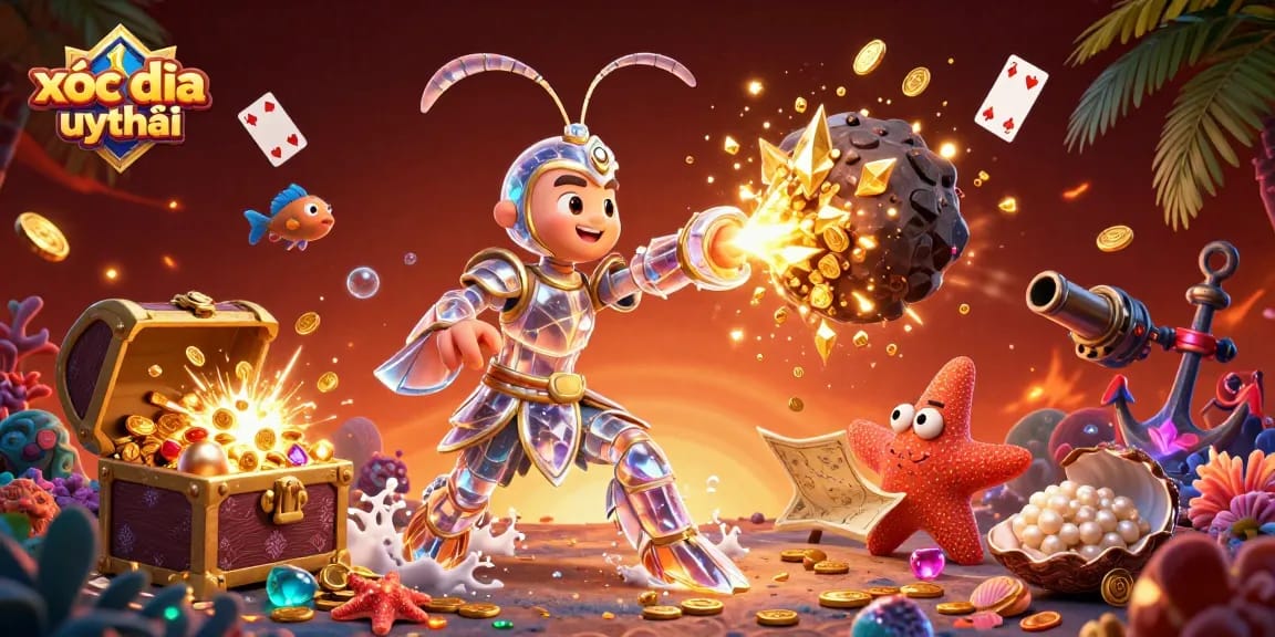 Xóc đĩa uy tín game illustration with vibrant characters, treasures, and casino elements alive in a dynamic scene.