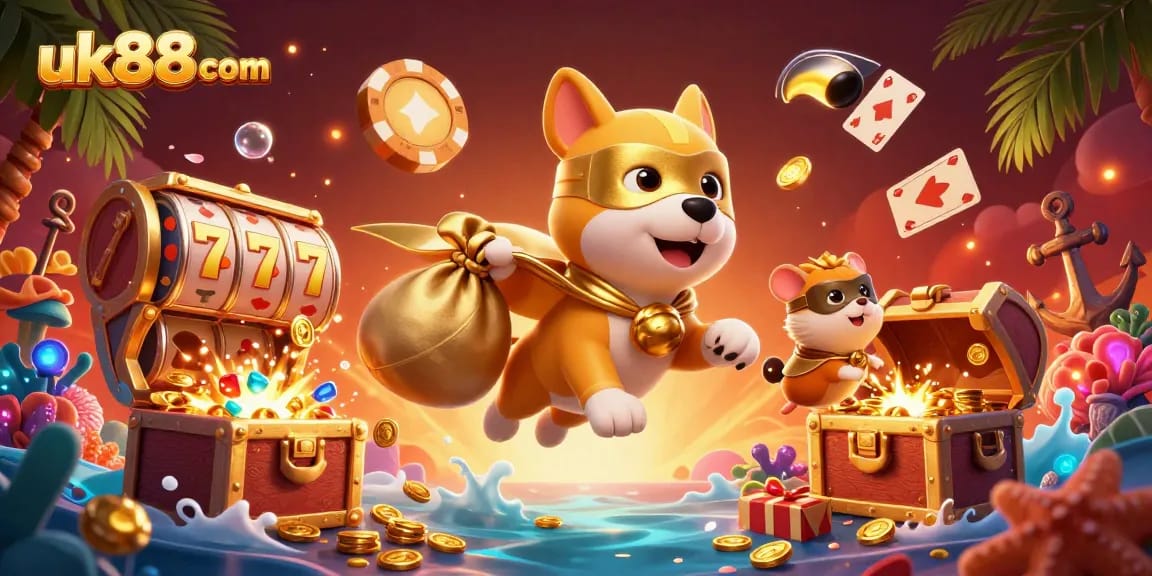 The superhero dog and hamster showcasing uk88 com in a vibrant casino scene with dynamic game elements.