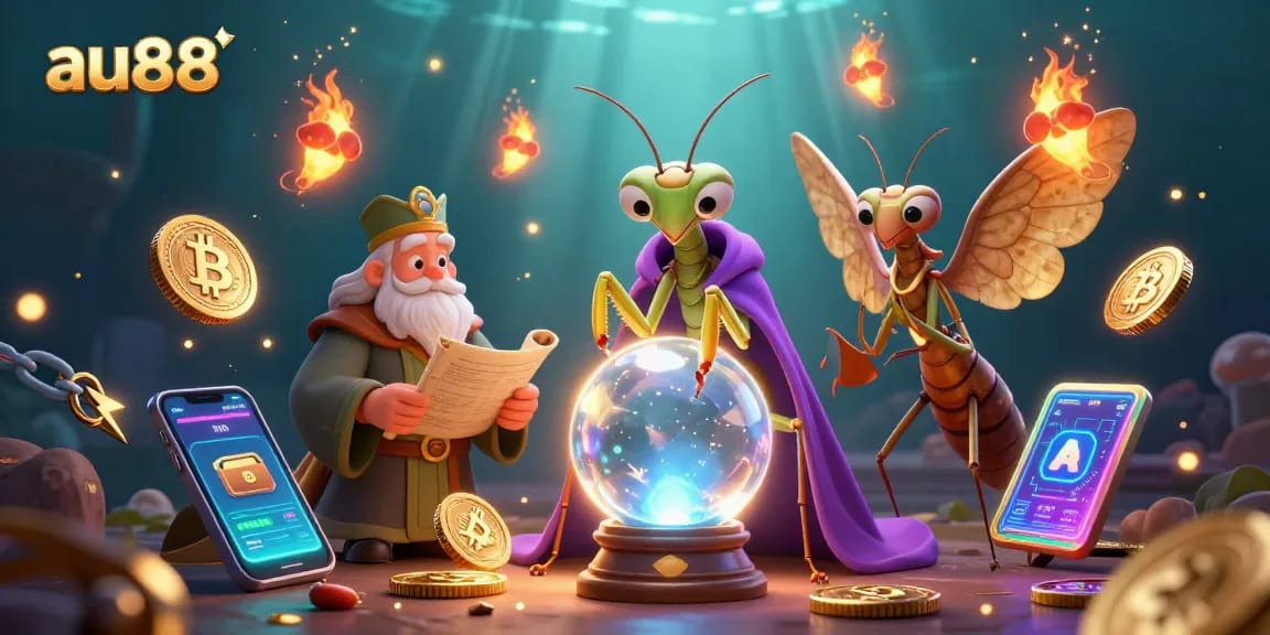 Experience the mystical charm of au88 with a fortune teller and wise moth, immersed in a vibrant gambling scene.