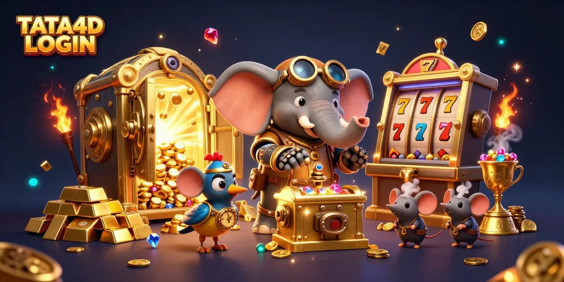 TATA4D LOGIN showcases a vibrant 3D illustration featuring a steampunk elephant amidst gold and gem-filled slot gaming elements.