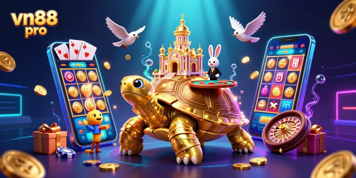 Win big with vn88 pro, as golden coins erupt from a 3D smartphone amidst a vibrant casino scene.