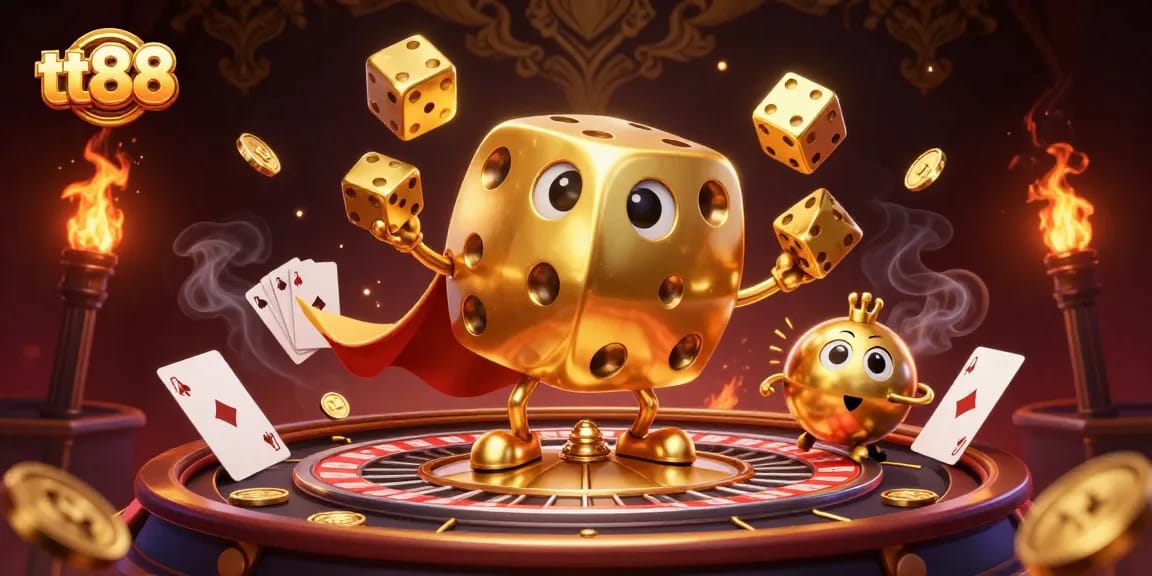 Experience thrilling gameplay with tt88’s golden dice characters, juggling and rolling in a vibrant casino scene.