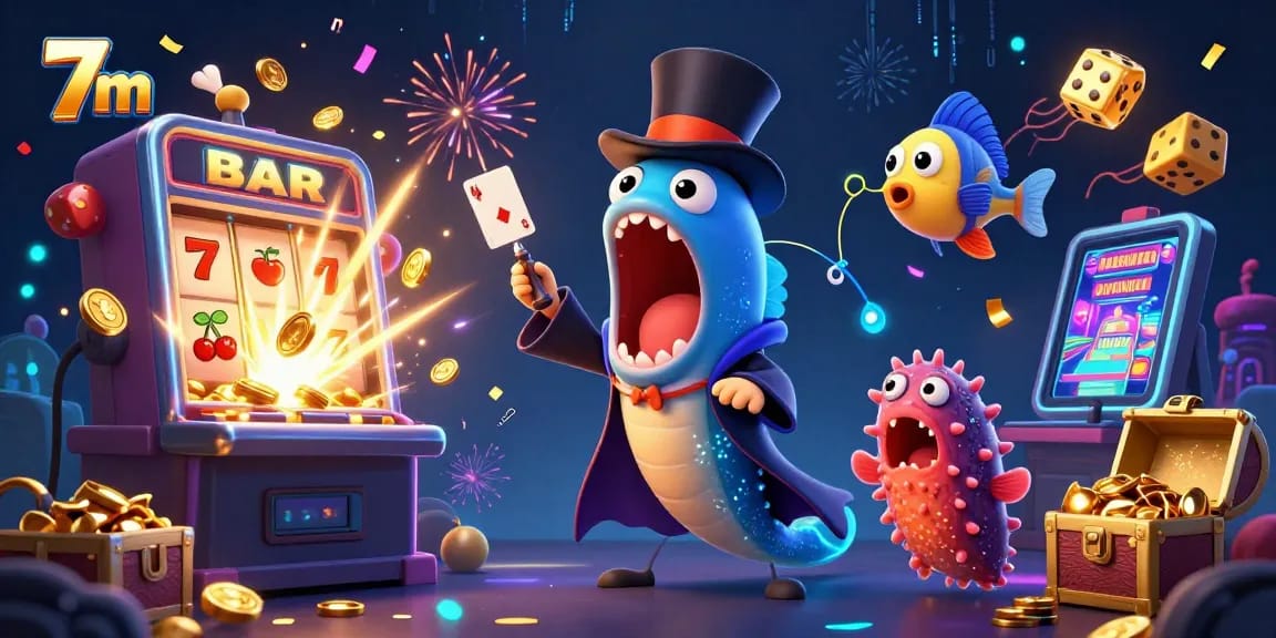 Experience thrilling 7m casino action with a bioluminescent eel and dynamic slot machine in a vibrant, magical scene.