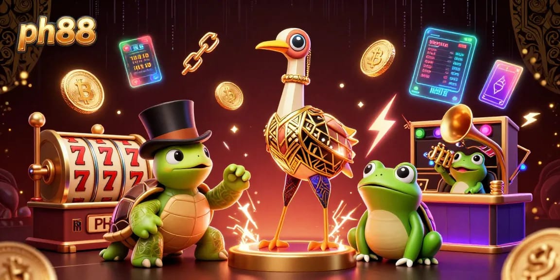 Engage with ph88's vibrant online gaming experience featuring colorful characters and slot machines.