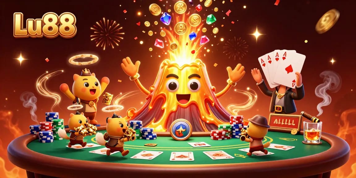 Join the excitement at Lu88 with a golden volcano erupting treasures amidst thrilling casino elements.